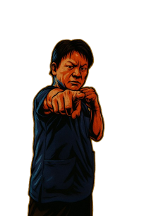 ファイティングポーズをとり指を指す喜多先生