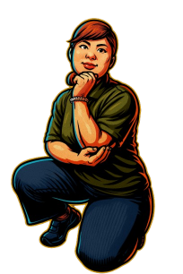 片膝立ちになり考えるポーズをする浅井先生