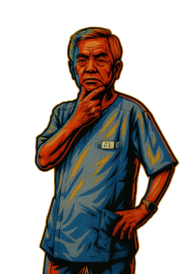 考えるポーズをする筈井先生