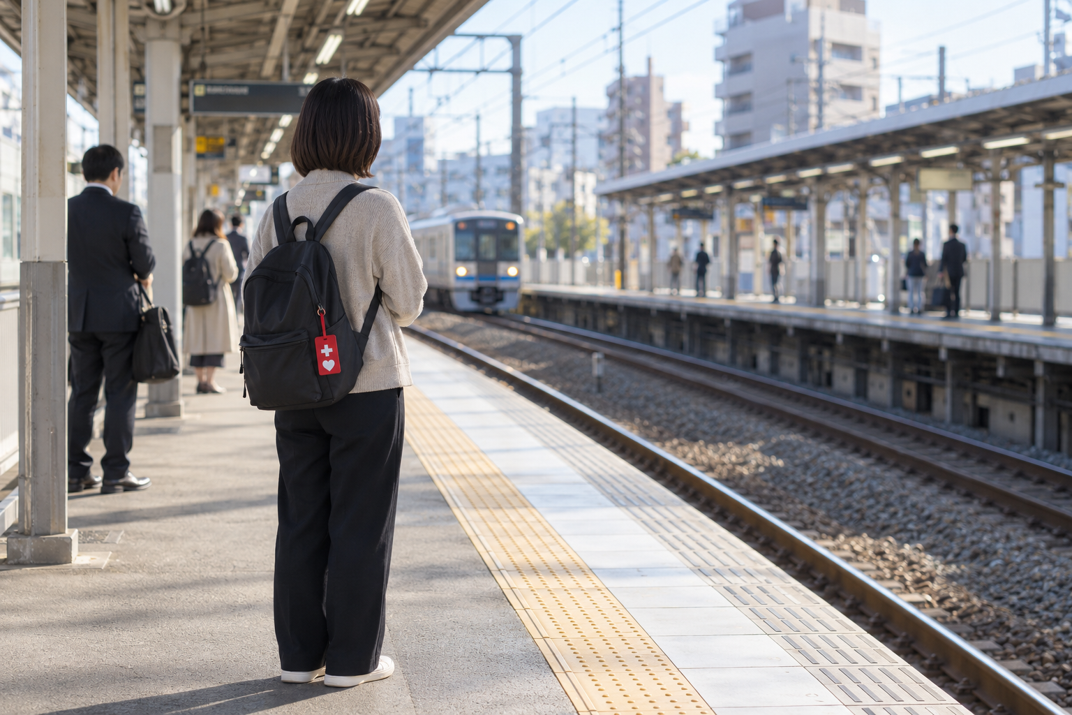混雑を避けた時間に、空いた駅のホームで電車を待つ人